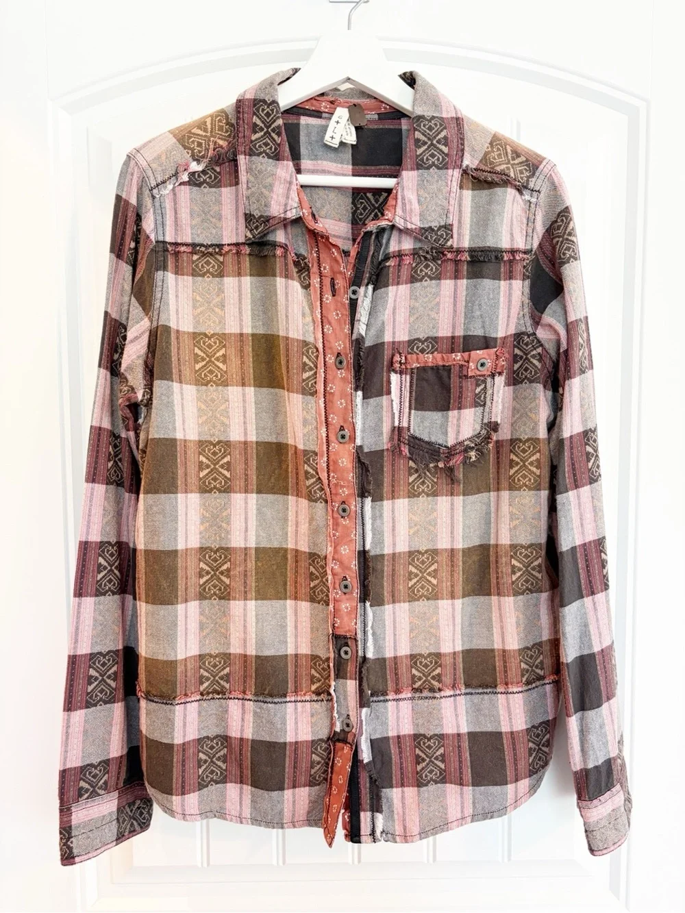 Free People Pink and Brown Plaid Button-Down Shirt